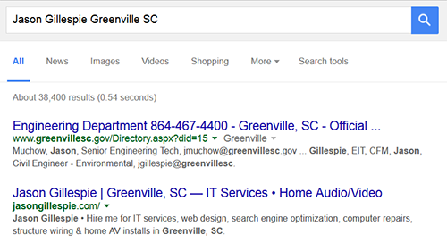Phrase, "Jason Gillespie Greenville, SC", search results